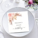 Birthday party pampas grass rose gold floral napkins<br><div class="desc">For an elegant 21st (or any age) birthday party. A stylish white background. Decorated with rose gold,  pink florals,  pampas grass.  Personalize and add a name.</div>