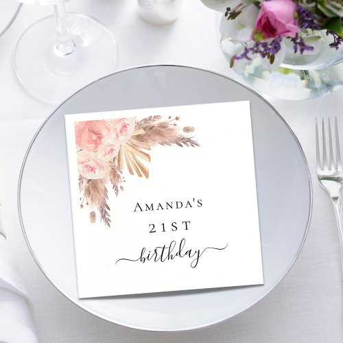 Birthday party pampas grass rose gold floral napkins