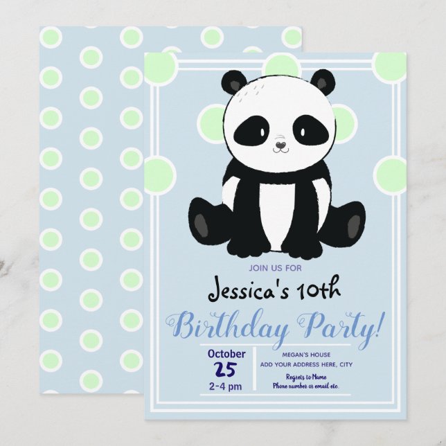 Birthday Party Panda and Blue Polka Dots Invitation (Front/Back)