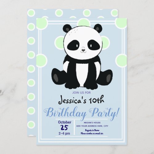 Birthday Party Panda and Blue Polka Dots Invitation