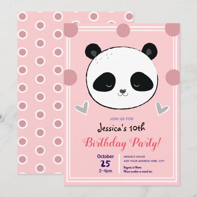 Birthday Party Panda Face and Pink Polka Dots Invitation (Front/Back)