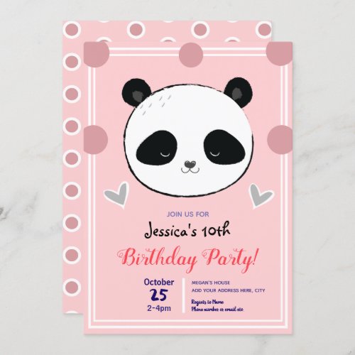 Birthday Party Panda Face and Pink Polka Dots Invitation