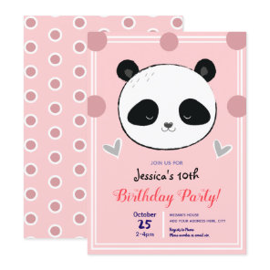 Birthday Party Panda Face and Pink Polka Dots Invitation