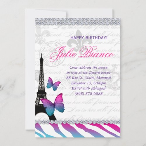Birthday Party Paris Card Eiffel Tower Butterflies