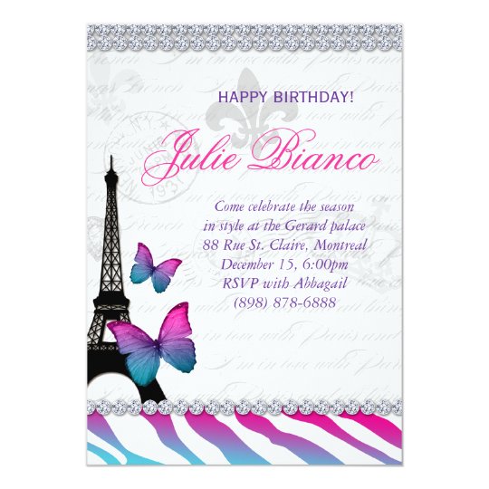 Birthday Party Paris Card Eiffel Tower Butterflies | Zazzle