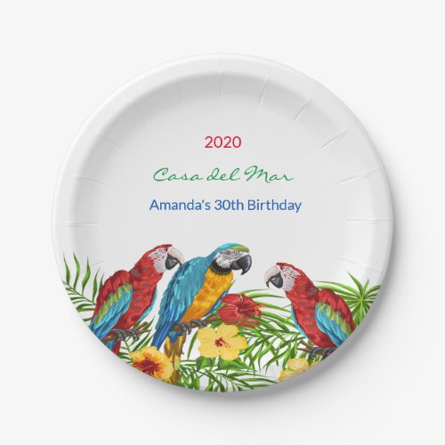 Birthday party parrots summer house name paper plates