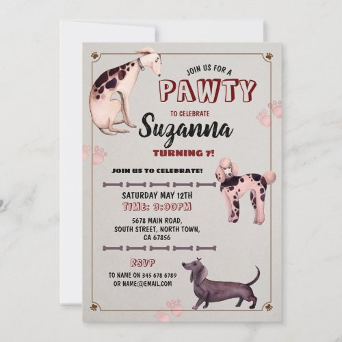 Birthday Party Pawty Dog Doggy Paw Girls Boys Invitation