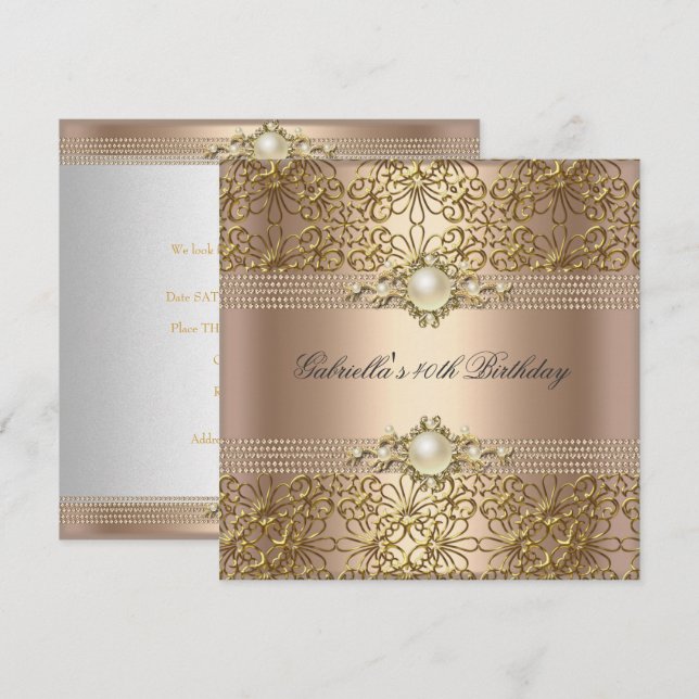 Birthday Party Pearl Coffee Cream Gold chain Invitation (Front/Back)