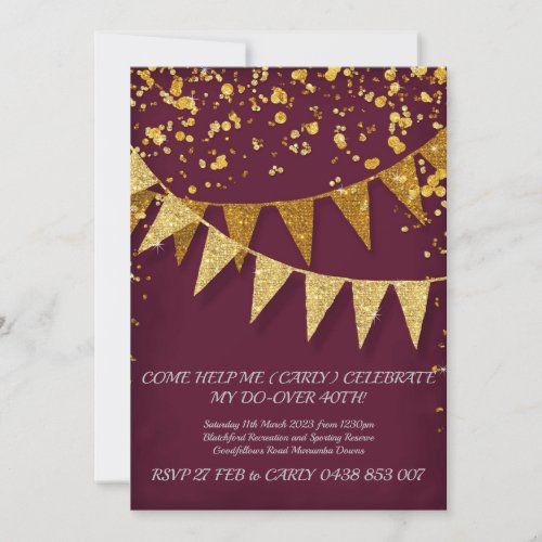 Birthday Party Pennant Gold Confetti Burgundy Invitation