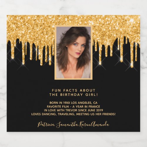 Birthday party photo black glitter gold fun facts sparkling wine label