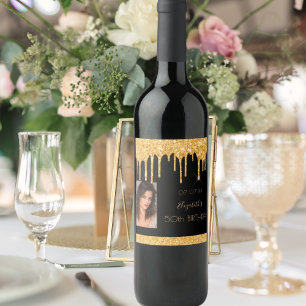 Birthday party photo black gold glitter glam wine label
