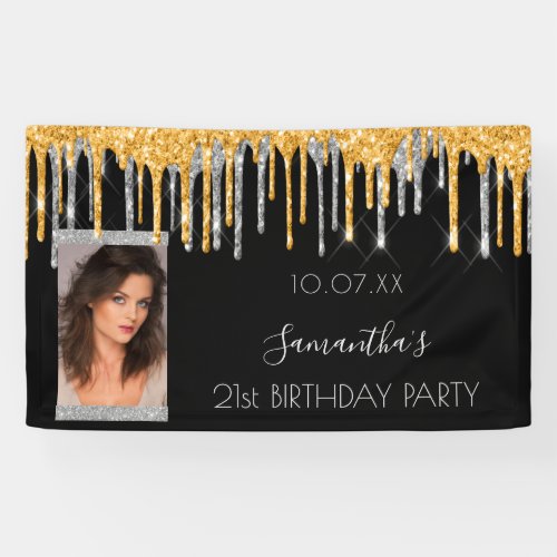Birthday party photo black gold glitter silver banner