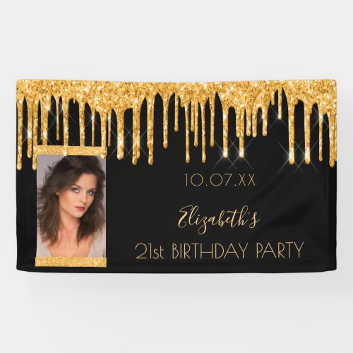 Birthday party photo black gold glitter welcome banner