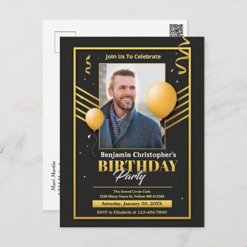 Birthday Party Photo Black Gold Invitation  Postcard