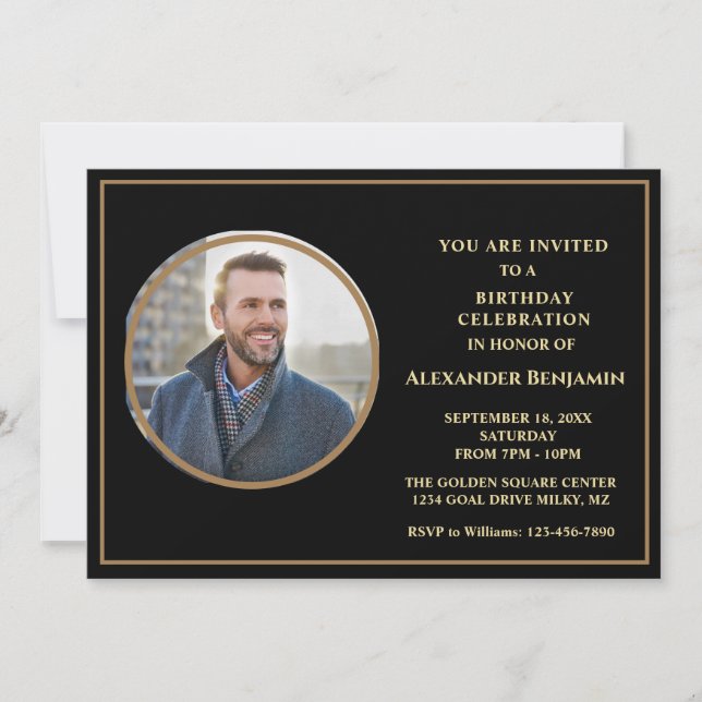 Birthday Party Photo Black Gold Personalize Invitation (Front)