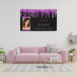 Birthday party photo black purple glitter elegant banner<br><div class="desc">A banner for a girly and glamorous 21st (or any age) birthday party. A chic black background with trendy purple faux glitter drips, paint dripping look. Personalize and add your own vertical photo of the birthday girl. The name is written in a modern hand lettered style script. Light purple letters....</div>