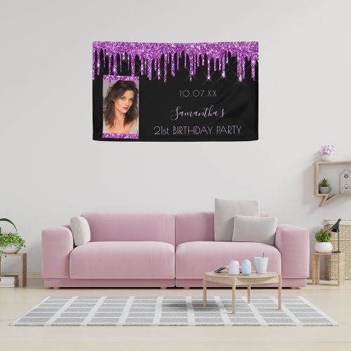 Birthday party photo black purple glitter elegant banner