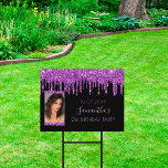 Birthday party photo black purple glitter elegant sign<br><div class="desc">A sign for a girly and glamorous 21st (or any age) birthday party. A chic black background with trendy purple faux glitter drips, paint dripping look. Personalize and add your own vertical photo of the birthday girl. The name is written in a modern hand lettered style script. Light purple letters....</div>