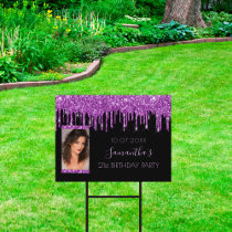 Birthday party photo black purple glitter elegant sign