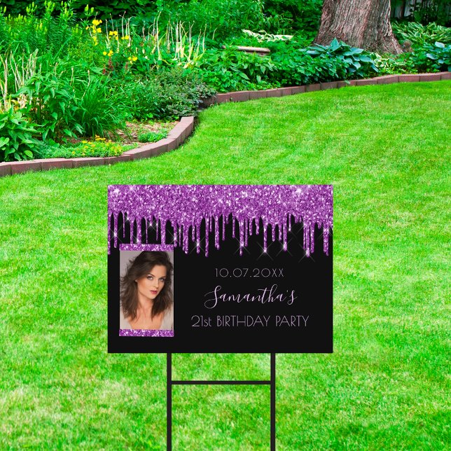 Birthday party photo black purple glitter elegant sign (Creator Uploaded)