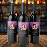 Birthday party photo black purple glitter welcome wine label<br><div class="desc">For a girly and glamorous 50th (or any age) birthday party. A chic black background with trendy purple faux glitter drips, paint dripping look. Personalize and add your own vertical photo of the birthday girl, name, and a welcome text for your guest. The name is written in a modern hand...</div>
