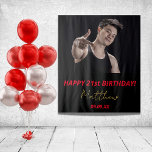 Birthday party photo black red gold tapestry<br><div class="desc">A tapestry for a 21st (or any age) birthday party for guys. An elegant modern black background. Personalize and add your own high quality photo of the birthday boy/man. The text: The name is white with a modern hand lettered style script. Tempates for a name, age 21 and a date....</div>