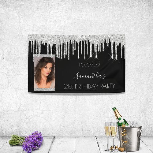 Birthday party photo black silver glitter glam banner