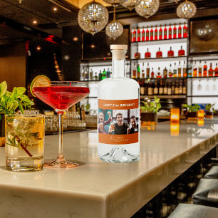 Birthday party photo burnt orange modern guy liquor bottle label