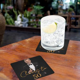 Birthday party photo cheers gold square paper coaster