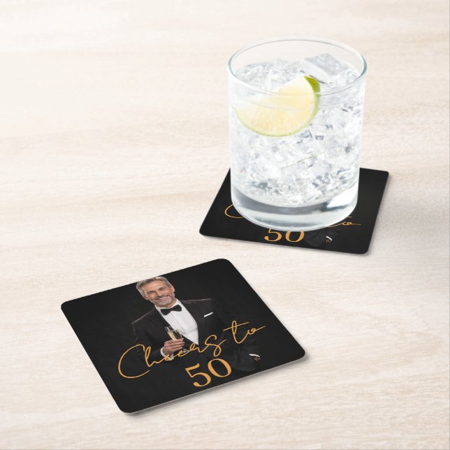 Birthday party photo cheers gold square paper coaster (Insitu)