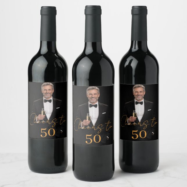 Birthday party photo cheers gold wine label (Bottles)