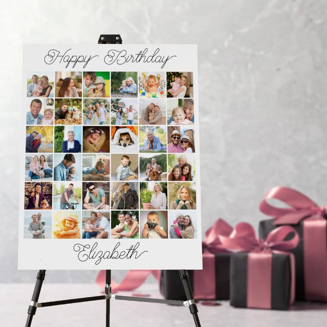 Birthday Party Photo Collage 36 Picture Grid Foam Board (Happy Birthday sign for easel or wall with 36 photo collage)