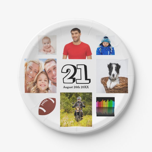Birthday party photo collage boys guys white paper plates (Front)