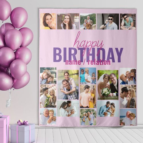 Birthday Party Photo Collage Pink Custom Backdrop