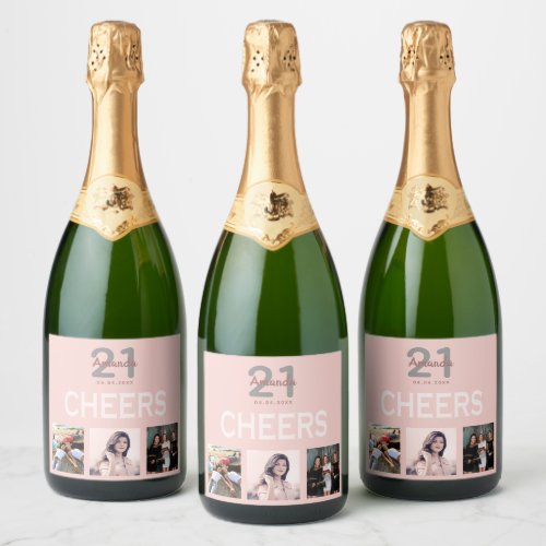 Birthday party photo collage rose gold cheers sparkling wine label