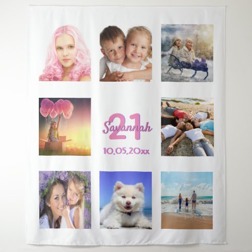 Birthday party photo collage white pink tapestry