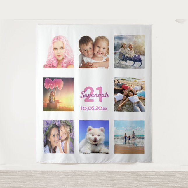 Birthday party photo collage white pink tapestry (Front)