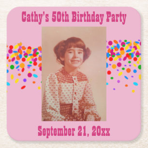 Birthday Party Photo Favor Pink Girly Square Paper Coaster