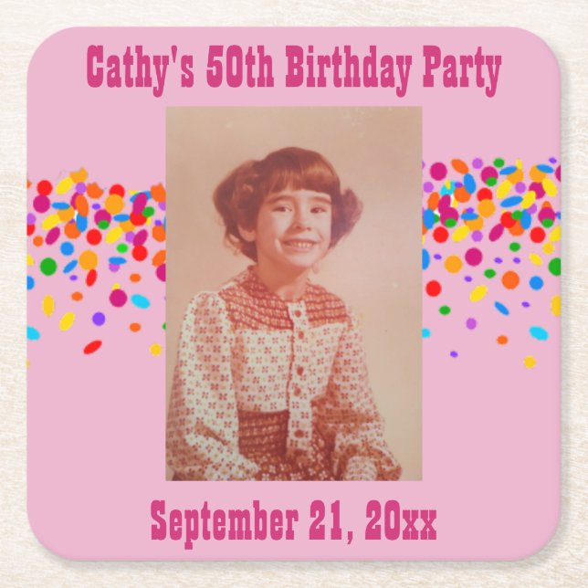 Birthday Party Photo Favor Pink Girly Square Paper Coaster (Front)