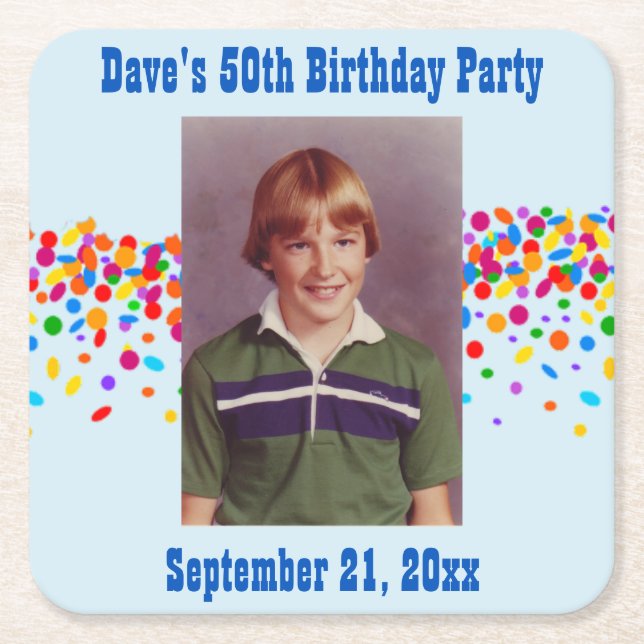 Birthday Party Photo Favor Square Paper Coaster (Front)