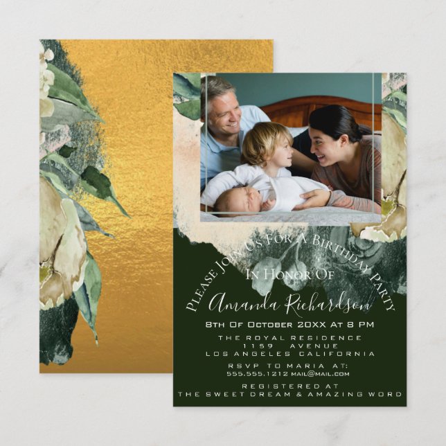 Birthday Party Photo  Floral Gold Green Framed Invitation (Front/Back)