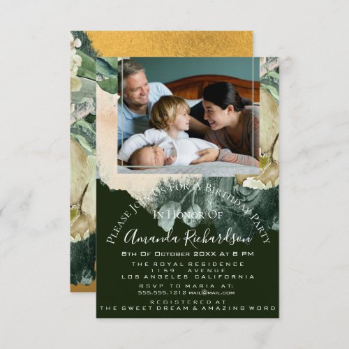 Birthday Party Photo  Floral Gold Green Framed Invitation