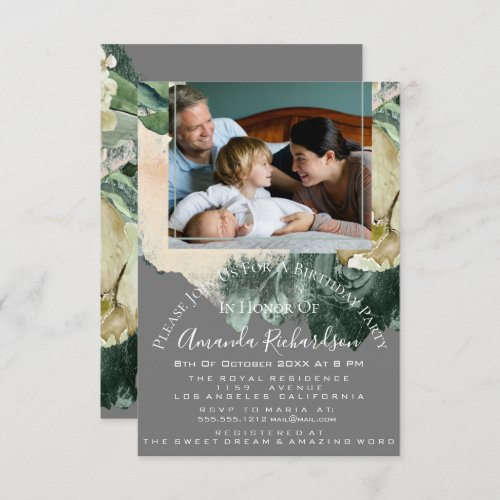 Birthday Party Photo  Floral Gray Green Framed Invitation