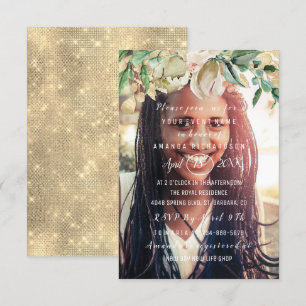 Birthday Party Photo  Flowers Brunch Spark Gold Invitation