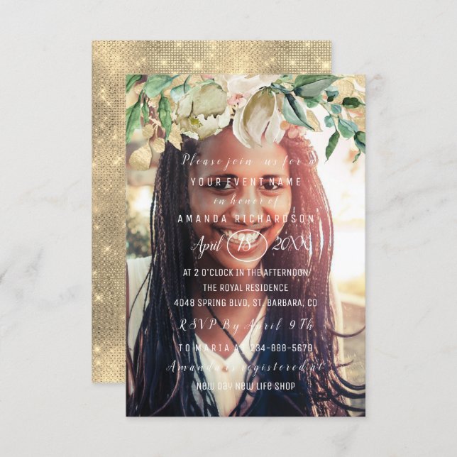 Birthday Party Photo  Flowers Brunch Spark Gold Invitation (Front/Back)