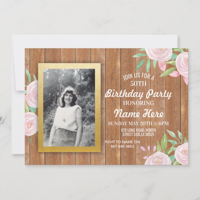 Birthday Party Photo Flowers Rustic Wood Invite (Front)