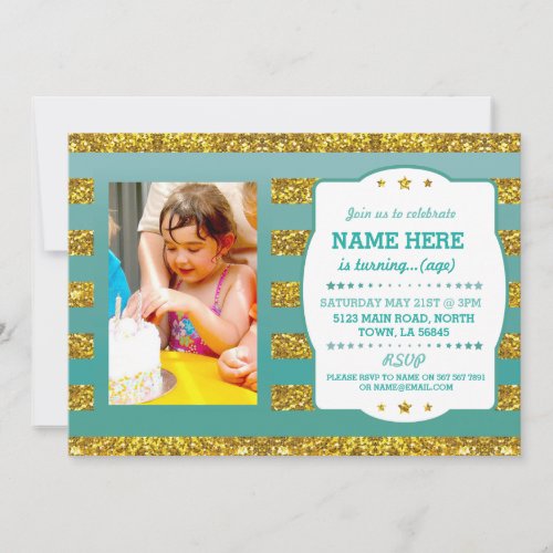 Birthday Party Photo Gold Glitter Stripe Invite