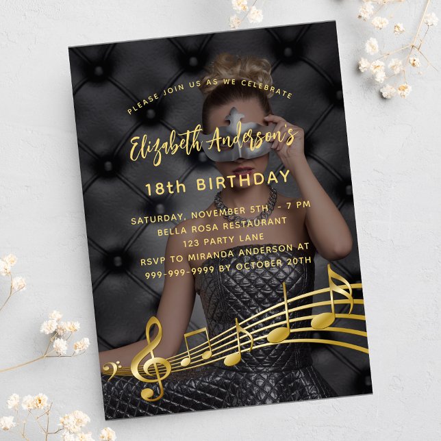 Birthday party photo gold music notes luxury invitation (Creator Uploaded)