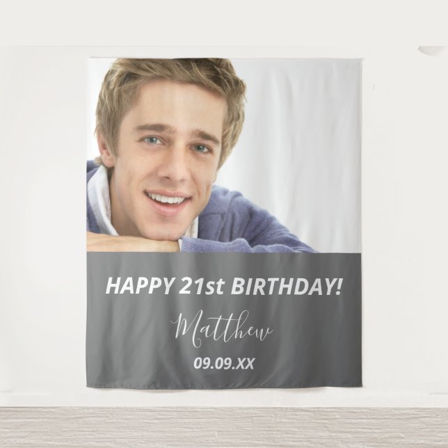 Birthday party photo gray white modern guy welcome tapestry (Front)