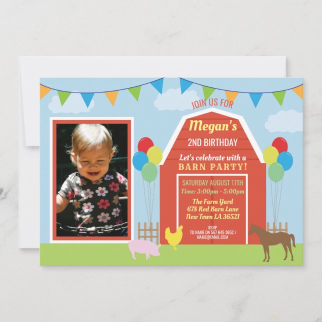 Birthday Party Photo Invite Barn Yard Farm Party (Front)